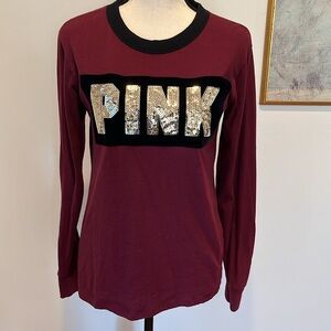 PINK Victoria’s Secret Bling Gold Sequin Logo Maroon/Black Long Sleeve Tee XS